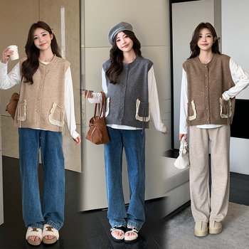 Tehotenský kostým pre skorú jeseň s dlhými rukávmi a vestou, dvojdielny set, pletený materiál, regenerovaná celulóza 80–90%, polyester, vzor farebný blok