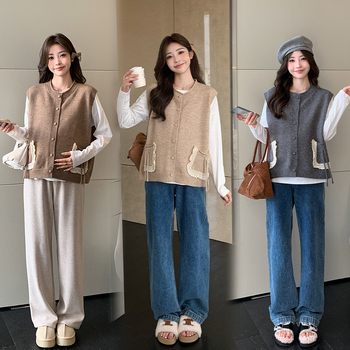 Tehotenský kostým pre skorú jeseň s dlhými rukávmi a vestou, dvojdielny set, pletený materiál, regenerovaná celulóza 80–90%, polyester, vzor farebný blok