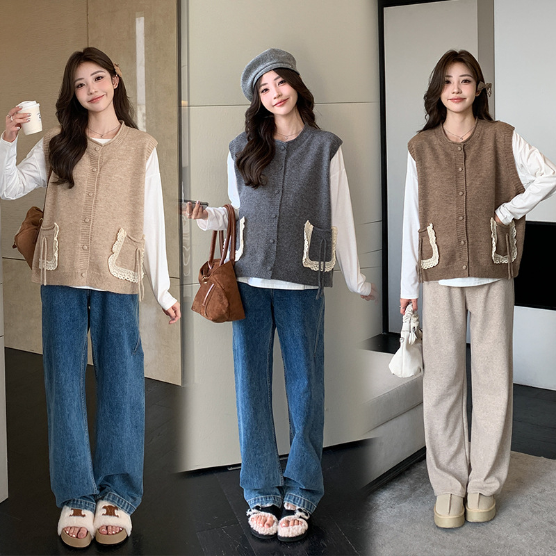 Tehotenský kostým pre skorú jeseň s dlhými rukávmi a vestou, dvojdielny set, pletený materiál, regenerovaná celulóza 80–90%, polyester, vzor farebný blok