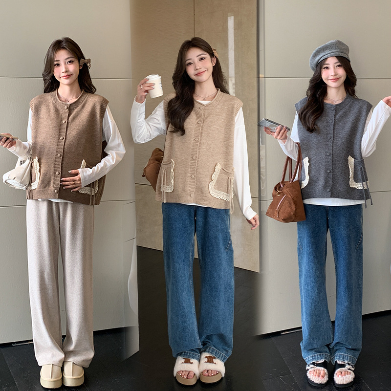 Tehotenský kostým pre skorú jeseň s dlhými rukávmi a vestou, dvojdielny set, pletený materiál, regenerovaná celulóza 80–90%, polyester, vzor farebný blok
