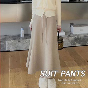 Trudnička sirena suknja od pletene kašmir mješavine 30–50%, spandeks <30%, duga, visoka elastičnost.