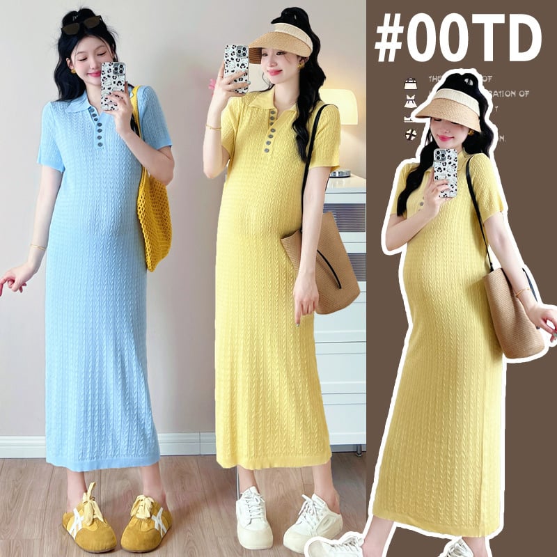 Tehotenské šaty, pletené s polo golierom, bavlna-elastán zmes, A-linijný strih, midi dĺžka