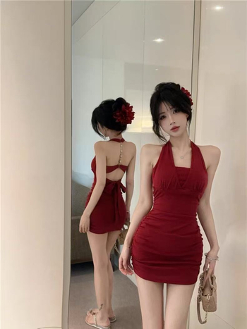 Bodycon kratka haljina s vezanjem na vratu, poliester, književno retro stil