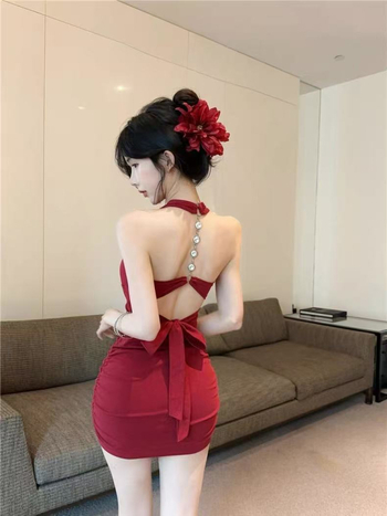 Bodycon kratka haljina s vezanjem na vratu, poliester, književno retro stil