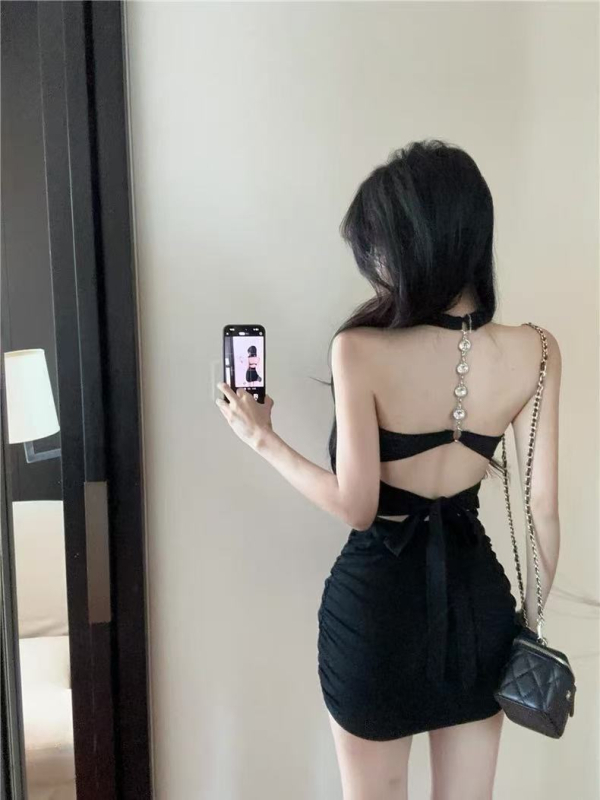 Bodycon kratka haljina s vezanjem na vratu, poliester, književno retro stil