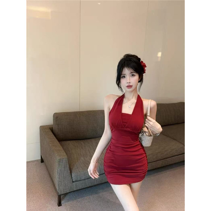 Bodycon kratka haljina s vezanjem na vratu, poliester, književno retro stil