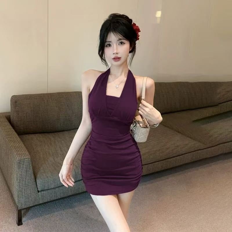 Bodycon kratka haljina s vezanjem na vratu, poliester, književno retro stil