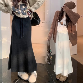 Grūtnieču adīta gara sirpveida svārki ar zivju asti, kašmira maisījums, 30-50% kašmira, augsta elastība, Korejas pilsētas stils