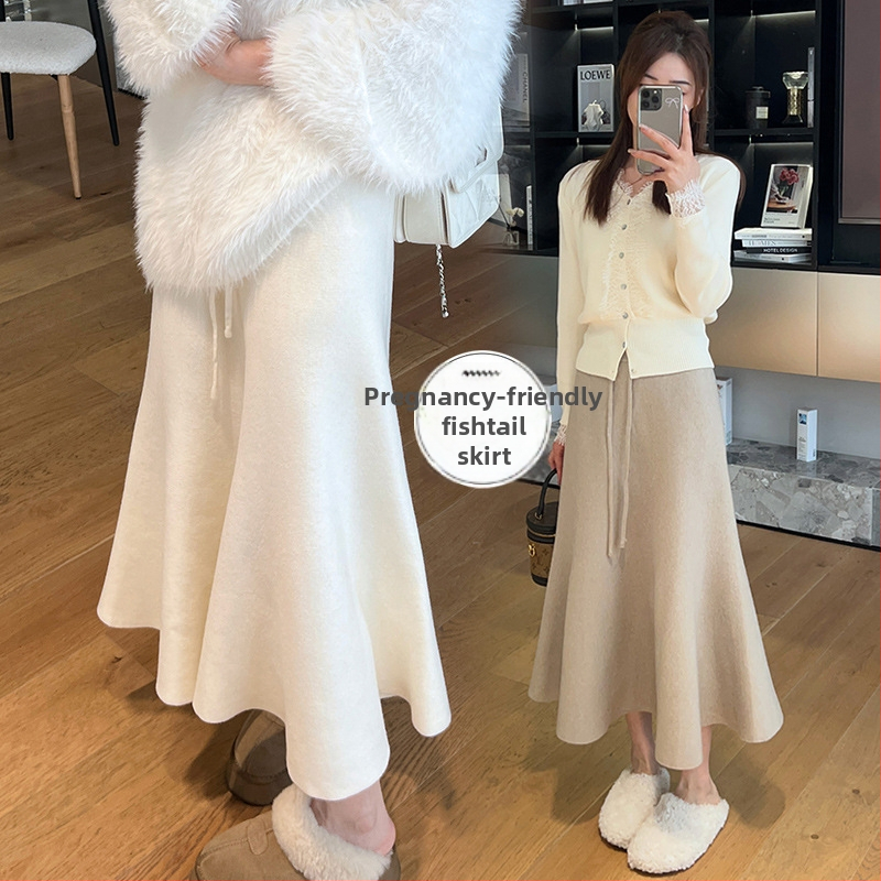 Grūtnieču adīta gara sirpveida svārki ar zivju asti, kašmira maisījums, 30-50% kašmira, augsta elastība, Korejas pilsētas stils