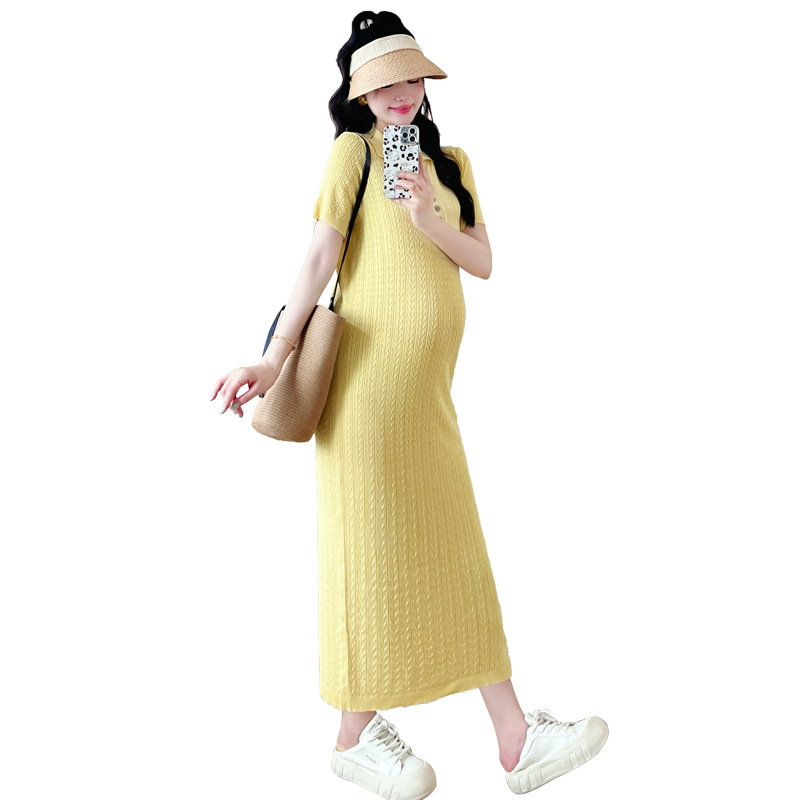 Grūtnieču kleita adītā trikotā ar polo kaklu, 3/4 piedurknēm, A-līnija, vidējā garuma