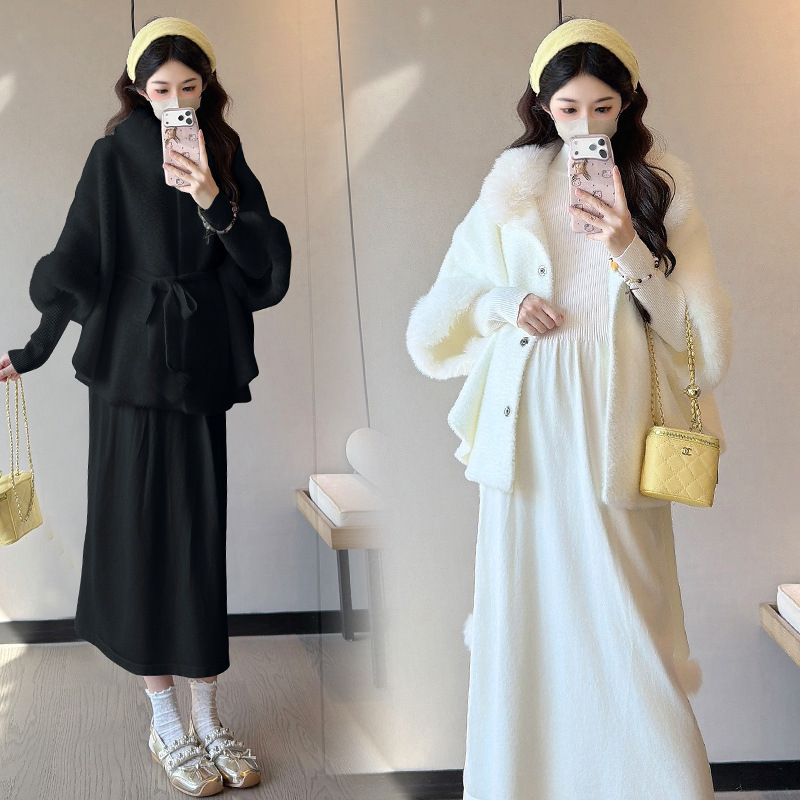 Σετ εγκύου: ζακετάκι από μαλλί και πλεκτό φόρεμα, μακριά μανίκια, μεσαίο μήκος, φθινοπωρινό 2025