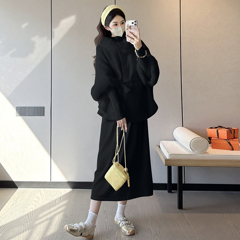 Σετ εγκύου: ζακετάκι από μαλλί και πλεκτό φόρεμα, μακριά μανίκια, μεσαίο μήκος, φθινοπωρινό 2025