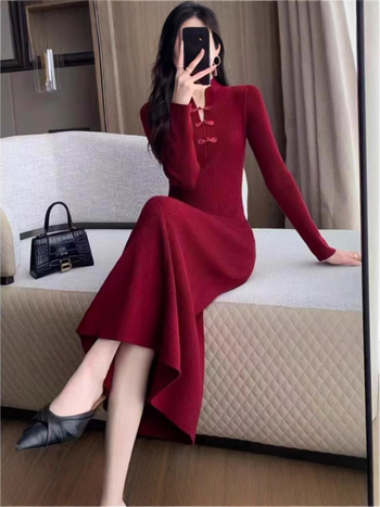Pletena kašmirska haljina, elegantan kineski stil, dugi rukavi, polu-visoki ovratnik, elastičan pojas