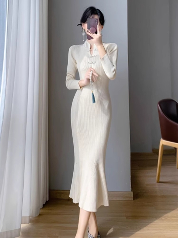 Pletena kašmirska haljina, elegantan kineski stil, dugi rukavi, polu-visoki ovratnik, elastičan pojas