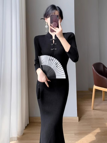 Pletena kašmirska haljina, elegantan kineski stil, dugi rukavi, polu-visoki ovratnik, elastičan pojas