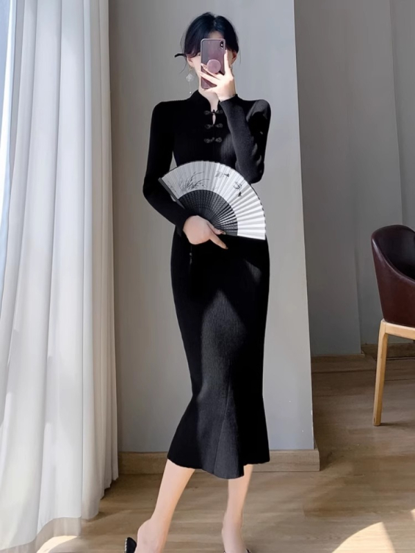Pletena kašmirska haljina, elegantan kineski stil, dugi rukavi, polu-visoki ovratnik, elastičan pojas