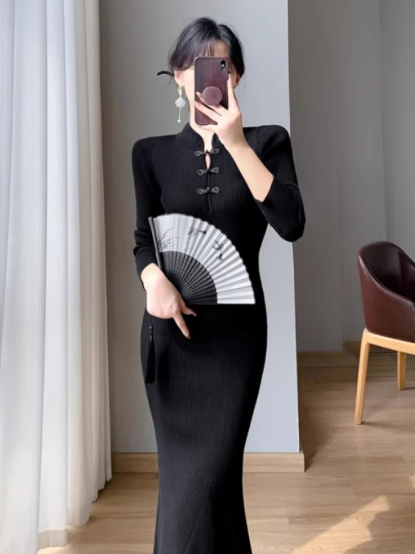 Pletena kašmirska haljina, elegantan kineski stil, dugi rukavi, polu-visoki ovratnik, elastičan pojas