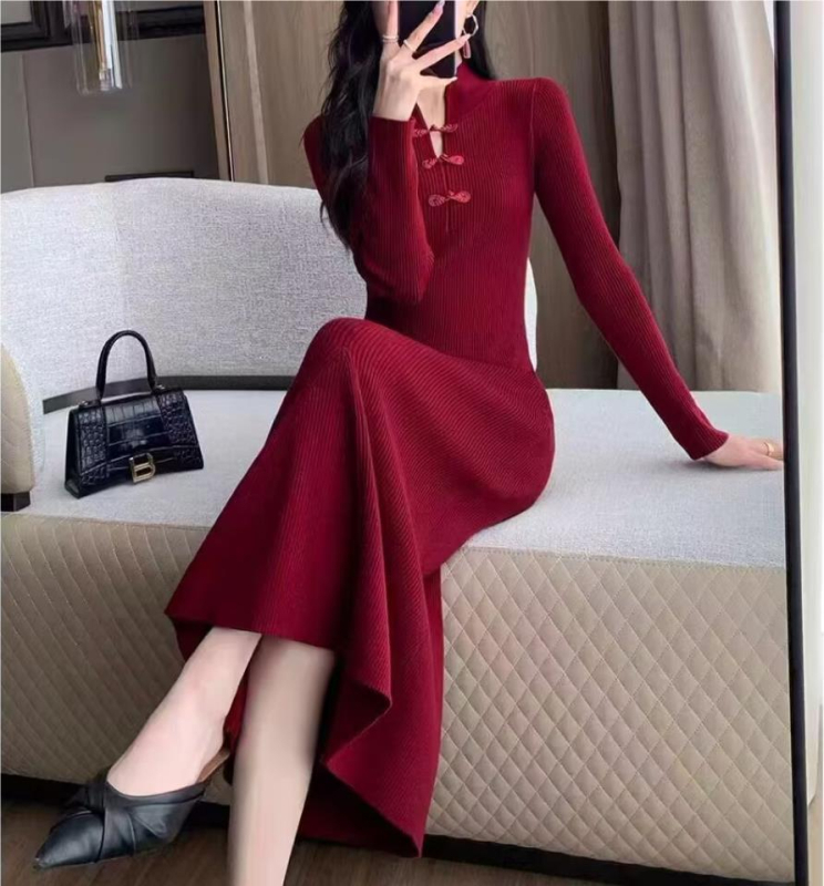 Pletena kašmirska haljina, elegantan kineski stil, dugi rukavi, polu-visoki ovratnik, elastičan pojas