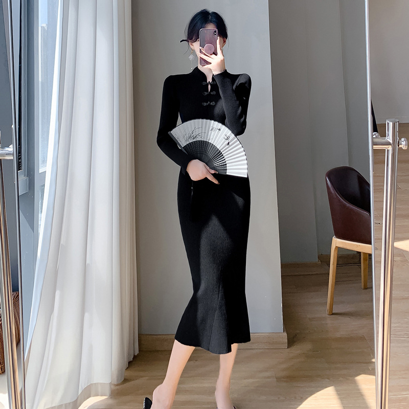 Pletena kašmirska haljina, elegantan kineski stil, dugi rukavi, polu-visoki ovratnik, elastičan pojas