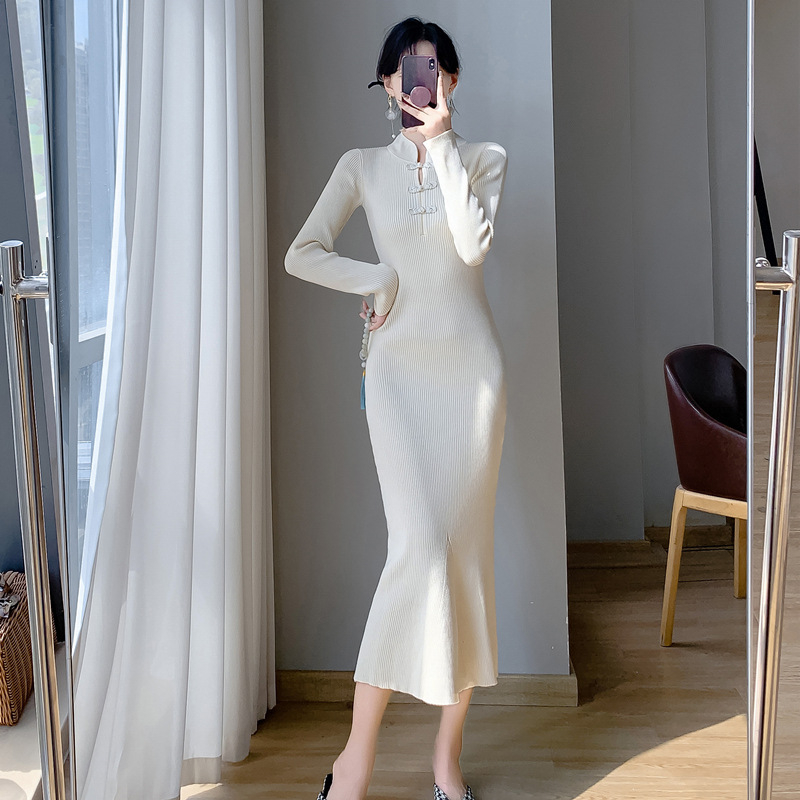 Pletena kašmirska haljina, elegantan kineski stil, dugi rukavi, polu-visoki ovratnik, elastičan pojas