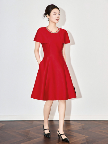 WLZD ruha - A-vonal, középméretű hossz, kerek nyakú, bolero ujjú, magas derék, poliészter-viszkóz keverék