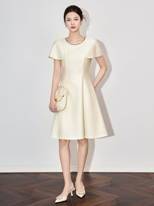 WLZD ruha - A-vonal, középméretű hossz, kerek nyakú, bolero ujjú, magas derék, poliészter-viszkóz keverék