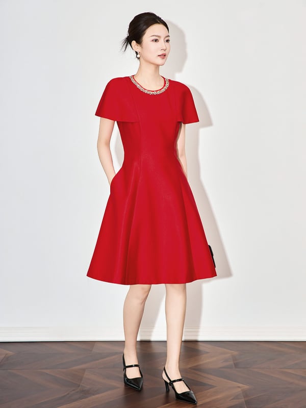 WLZD ruha - A-vonal, középméretű hossz, kerek nyakú, bolero ujjú, magas derék, poliészter-viszkóz keverék