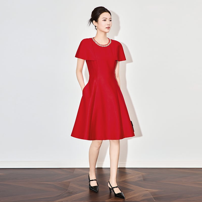 WLZD ruha - A-vonal, középméretű hossz, kerek nyakú, bolero ujjú, magas derék, poliészter-viszkóz keverék