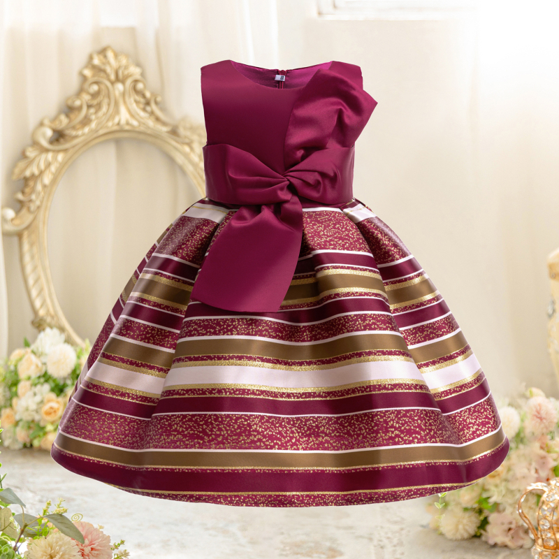 Meitenes princeses kleita ar svītrām un lielu loku, kokvilnas maisījuma materiāls, plisēts, vecuma no 3 līdz 8 gadiem