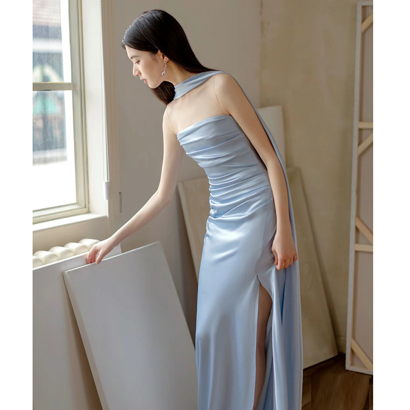 Ženska večernja haljina bez naramenja, s visokim strukom, duga suknja, poliester