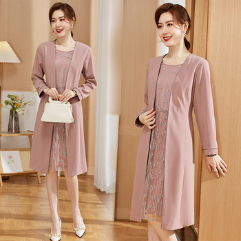 Pavasara 2025 Eleganta poliestera kleita ar izšuvumiem, midi garums, biroja stila