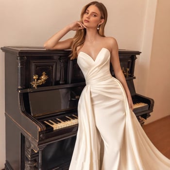 Saten vjenčana haljina bez ramena s odvojivom dugačkom šlepom, elegantna večernja haljina