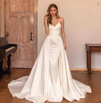 Saten vjenčana haljina bez ramena s odvojivom dugačkom šlepom, elegantna večernja haljina