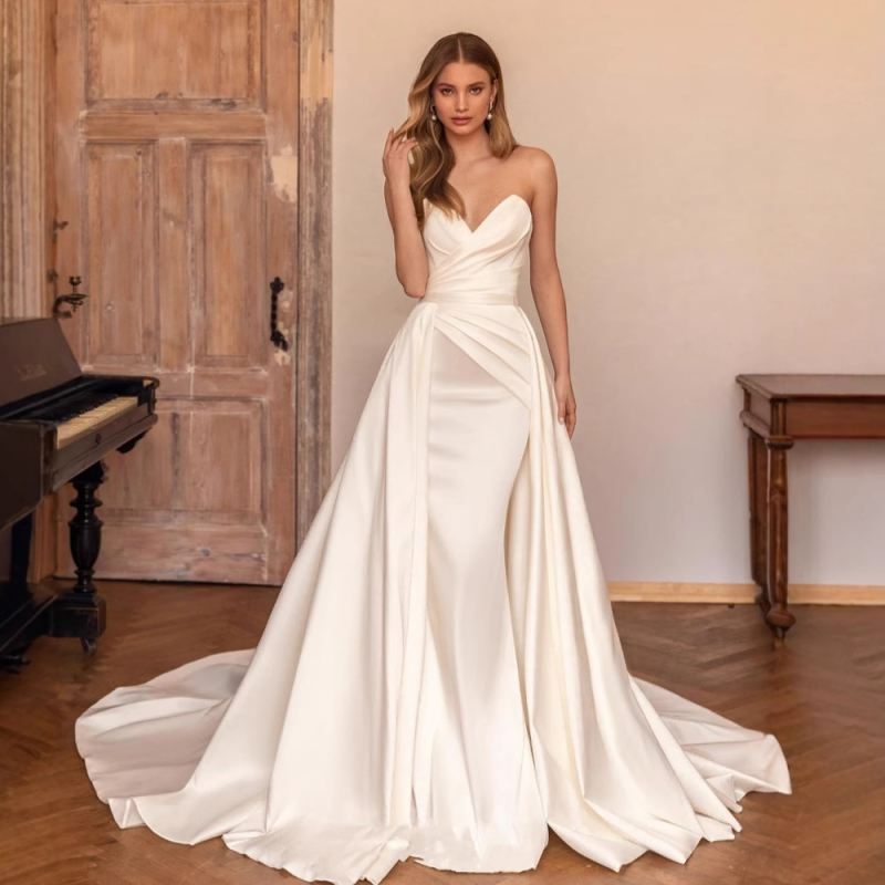 Saten vjenčana haljina bez ramena s odvojivom dugačkom šlepom, elegantna večernja haljina