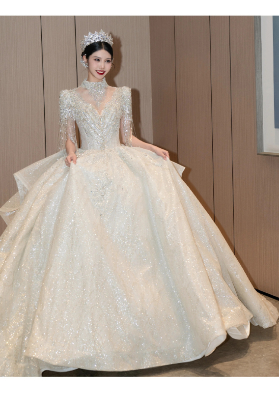 Organza vjenčana haljina s 30–50% poliestera, duboko V-izrez, 3/4 rukav, tutu-stil suknja