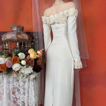 Francuska retro vjenčana haljina u Hepburn stilu s ramena otkrivena, dugi rukavi, A-linijska suknja, visokim strukom, duga haljina