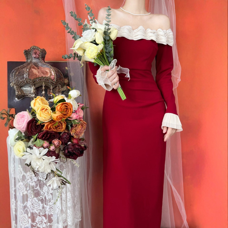 Francuska retro vjenčana haljina u Hepburn stilu s ramena otkrivena, dugi rukavi, A-linijska suknja, visokim strukom, duga haljina