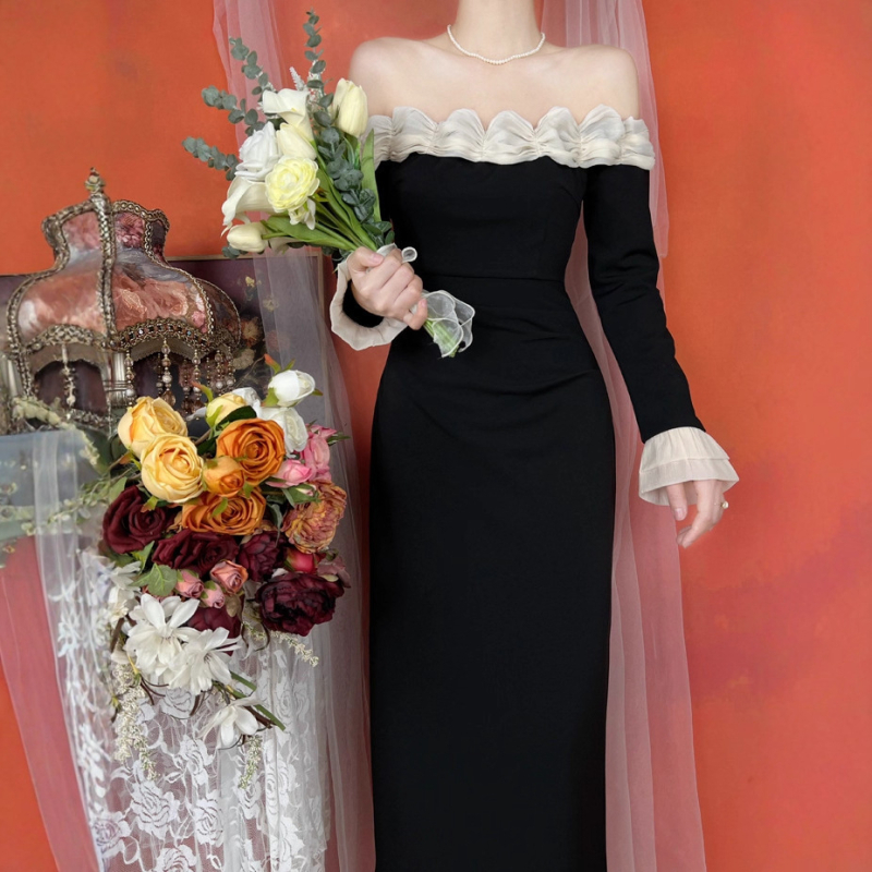 Francuska retro vjenčana haljina u Hepburn stilu s ramena otkrivena, dugi rukavi, A-linijska suknja, visokim strukom, duga haljina