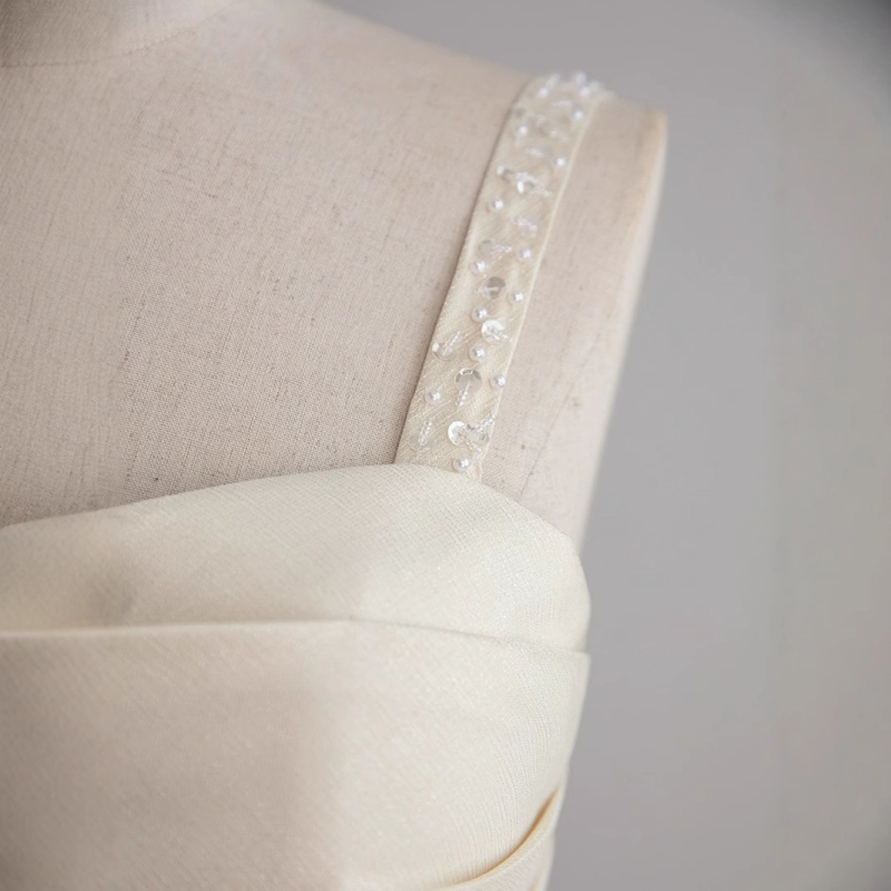 Francuski stil vjenčane haljine s špaget ramenima, A-linija, bez rukava, midi duljina, mješavina poliestera