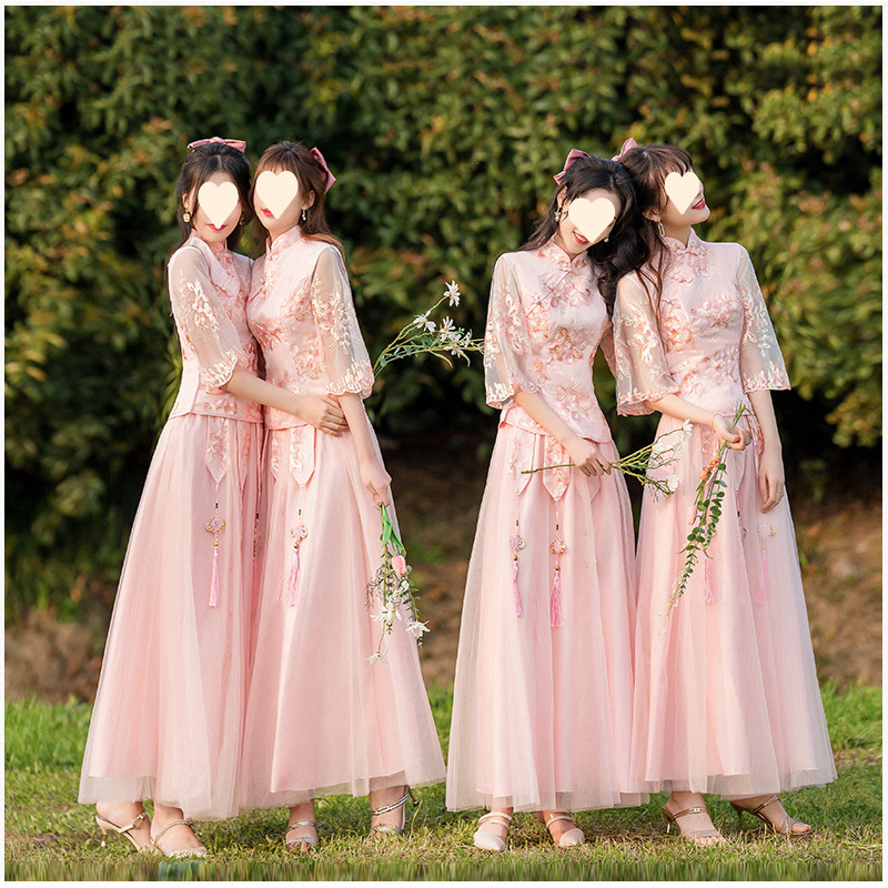 Koszorúslány ruha – ázsiai stílusú retro, ujjatlan, karcsú szabás, poliészter anyag, nyár 2022