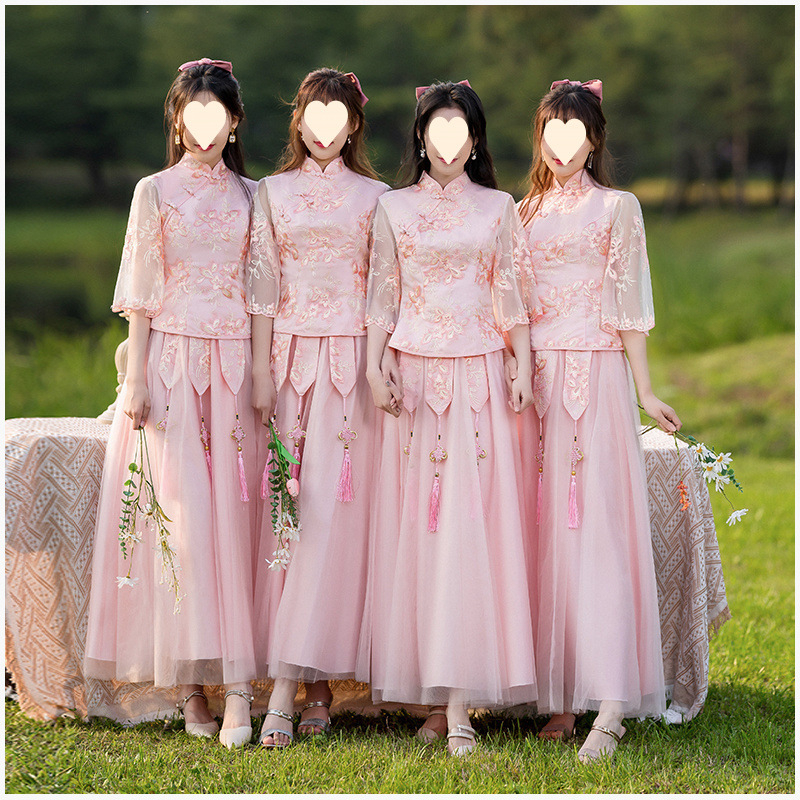 Koszorúslány ruha – ázsiai stílusú retro, ujjatlan, karcsú szabás, poliészter anyag, nyár 2022