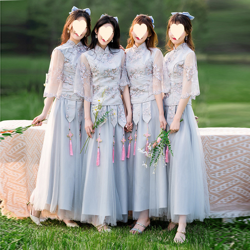 Koszorúslány ruha – ázsiai stílusú retro, ujjatlan, karcsú szabás, poliészter anyag, nyár 2022