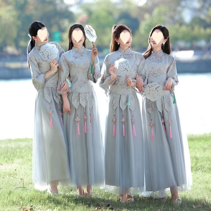 Koszorúslány ruha – ázsiai stílusú retro, ujjatlan, karcsú szabás, poliészter anyag, nyár 2022