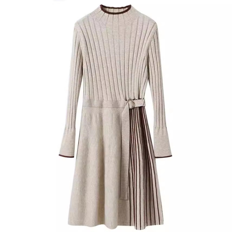 Pletena haljina s plisom, midi duljine, dugi rukavi, poliester materijal, klasičan elegantan stil