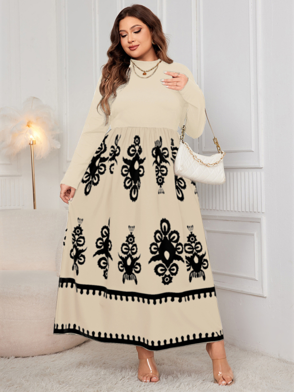 Otisnuta jesenja haljina s dugim rukavima, visokim strukom, mock ovratnik, kolažni dizajn, poliester, duga suknja, elegantan stil