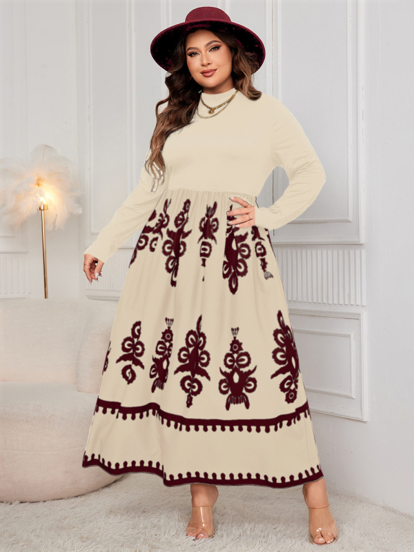Otisnuta jesenja haljina s dugim rukavima, visokim strukom, mock ovratnik, kolažni dizajn, poliester, duga suknja, elegantan stil
