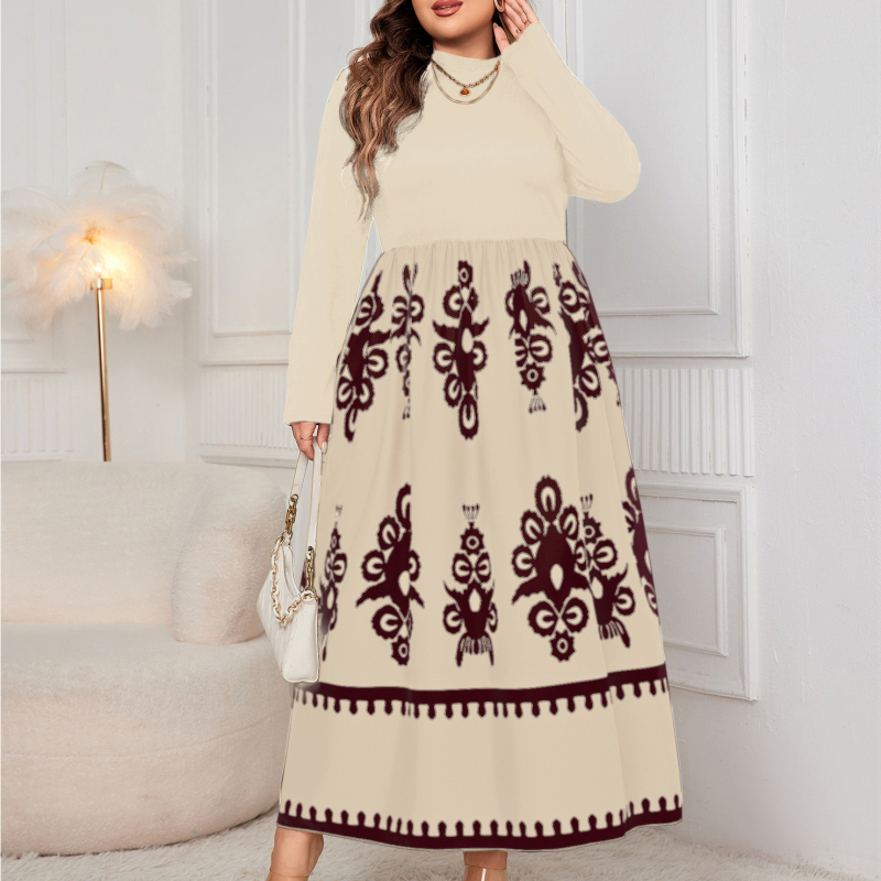 Otisnuta jesenja haljina s dugim rukavima, visokim strukom, mock ovratnik, kolažni dizajn, poliester, duga suknja, elegantan stil