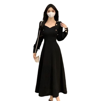 A-vonalú ruha magas derékkal, V-nyakú, hosszú ujjú, poliészter anyagból (Polyester; High waist; V-neck; Long sleeves; A-line silhouette)