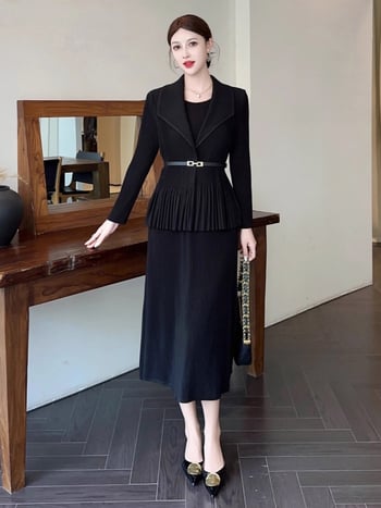 Elegantna uredska haljina s plisiranom suknjom, srednje dužine, dugi rukav, ovratnik u stilu sakoa, lažni dvodjelni dizajn, elastični poliester