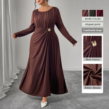 Női ruha V-nyakkal, hosszú ujjú, magas derekú, plisírozott dizájnnal, hosszú szoknyás ruházat